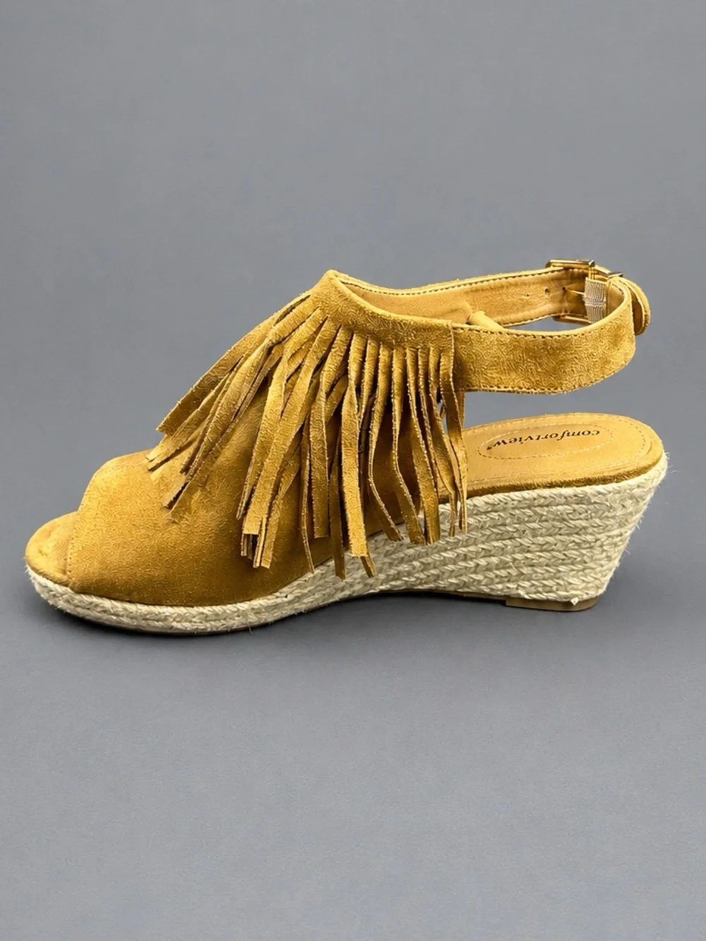 Comfortview Diane 11WW Tan Fringe Boho Espadrille Wedge Sandals Extra Wide